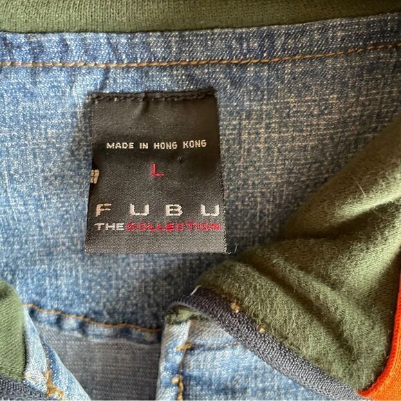 Vintage Fubu Women's Denim Zip Up Jacket with Orange and Green Stripe Accents L - Picture 9 of 16